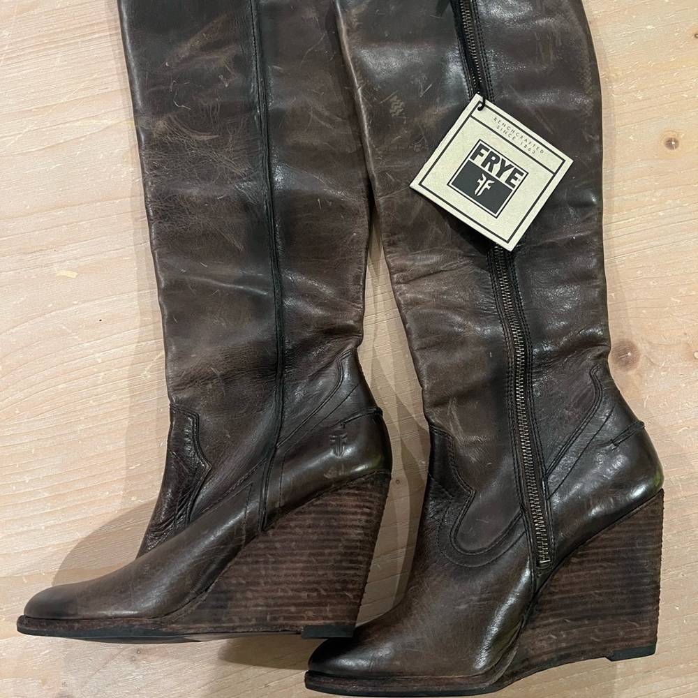 Frye Dark Brown Leather Wedge Boots